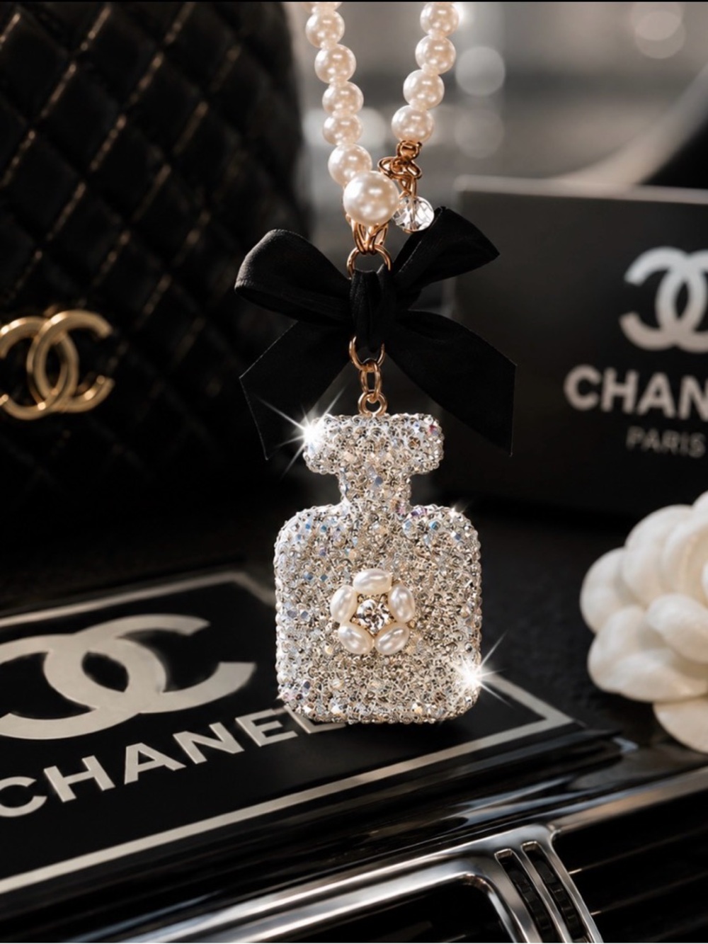 Crystal Perfume Bottle Pendant Necklace / Car Hanging Ornament Pearls &Black Bow